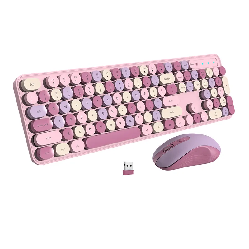 Vollgröße rosa Schreibmaschine drahtlose Tastatur und Maus Set mit runden Schlüsselanhängen 2.4G niedliche leise Tastatur Maus Combo