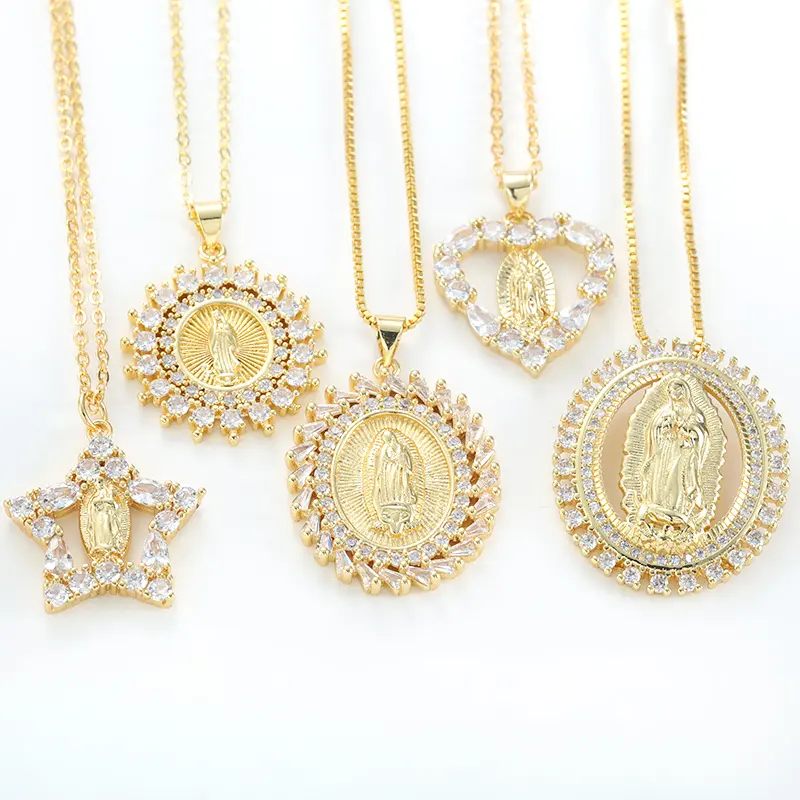 Bulk Großhandel Virgin Mary Anhänger 18 Karat vergoldet Einsatz Diamant Edelstahl Mary Halskette für christlichen Schmuck