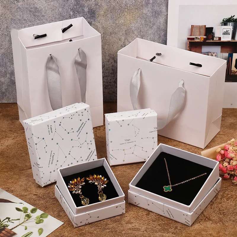 Caja de papel blanco de lujo para almacenamiento, conjunto de joyería para collar, colgante, anillo, pulsera, embalaje de regalo