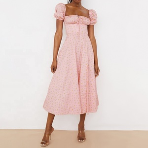 Weimeixin — robe Midi professionnelle mi-longue pour femmes, couleur rose florale, manches bouffantes, fendue sur le côté, camping bell - Product Image 6