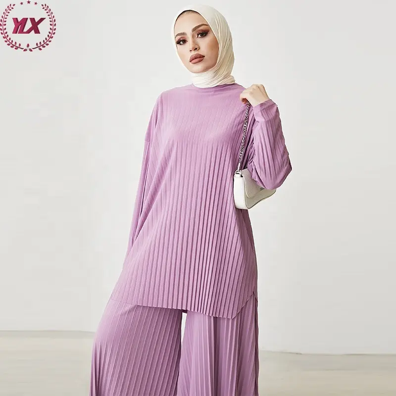 Tunique musulmane décontractée de couleur unie avec pantalon ensemble femmes Blouse vêtements islamiques coupe ample plissé hauts pour femmes Muslim2022