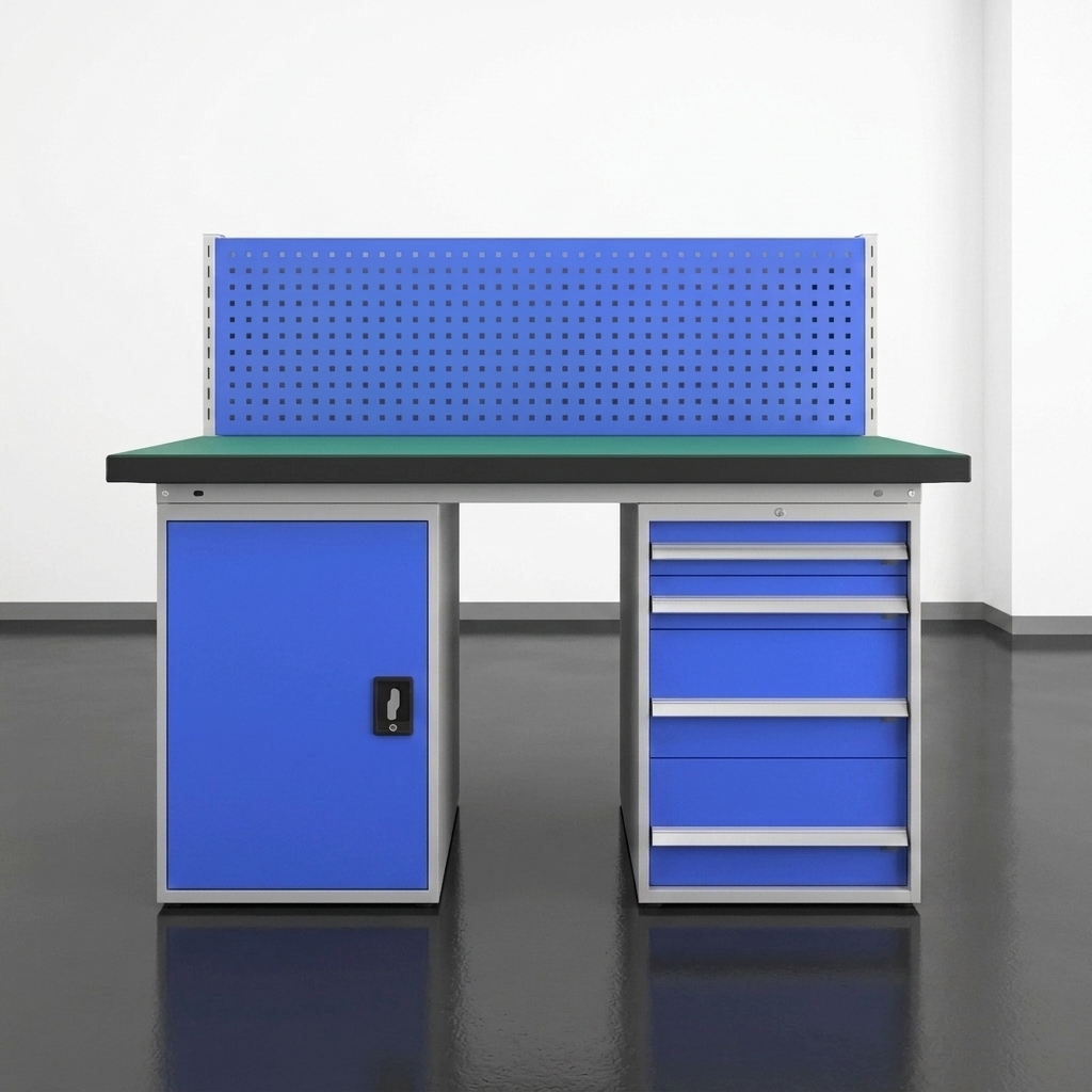 Mesa de trabajo antiestática ESD con panel perforado y taquilla con 5 cajones