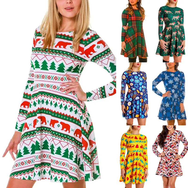 Осень/Зима 2022, НОВАЯ РОЖДЕСТВЕНСКАЯ одежда, женское платье с длинным рукавом и принтом, рождественское платье