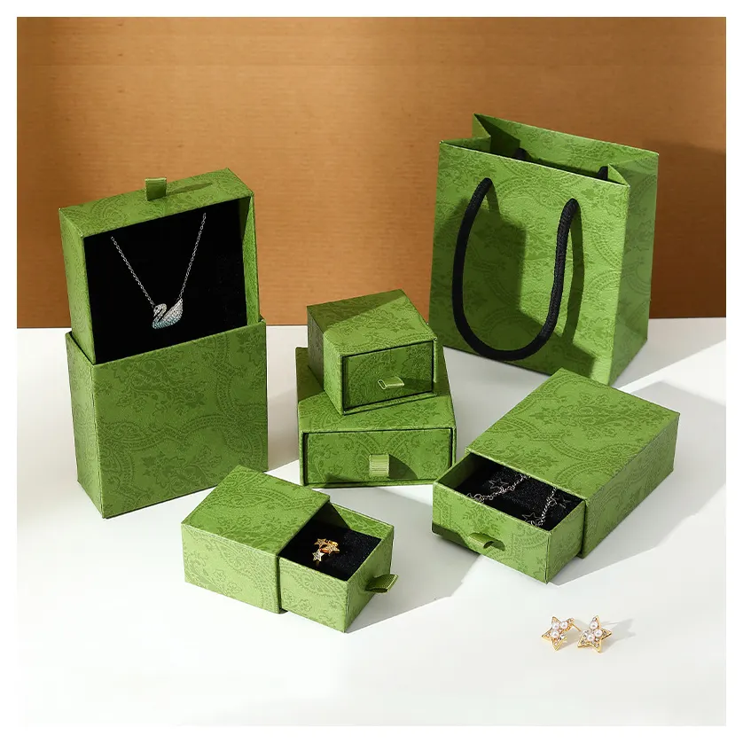 Prezzo all'ingrosso Vintage verde anello regalo Set scatola di imballaggio gioielli di lusso fantasia rigido scatole di carta