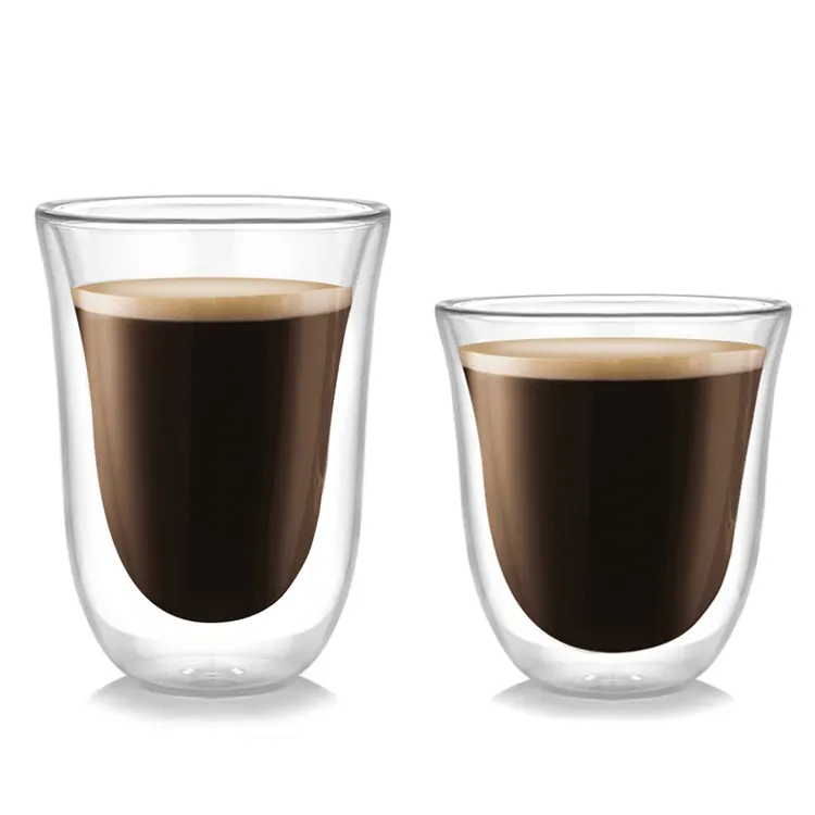 Caffè isolato tè birra doppia tazza di vetro trasparente vendita calda resistente alle alte Temperature 220ML 270ML in lega di zinco PS moderno