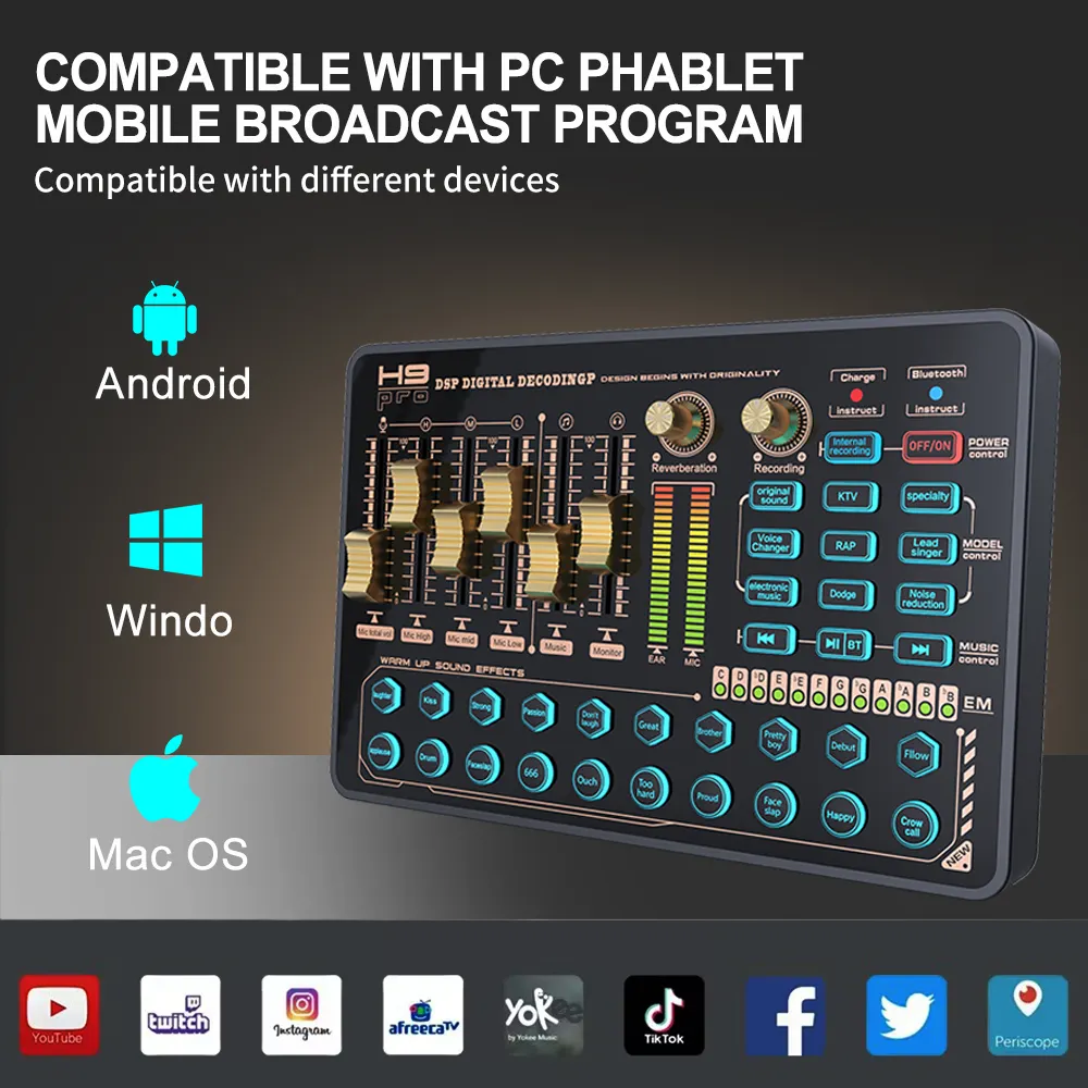 Mixer Audio Stereo eksternal, kartu suara Live, Mixer Audio untuk rekaman suara langsung, mikrofon PC ponsel siaran langsung