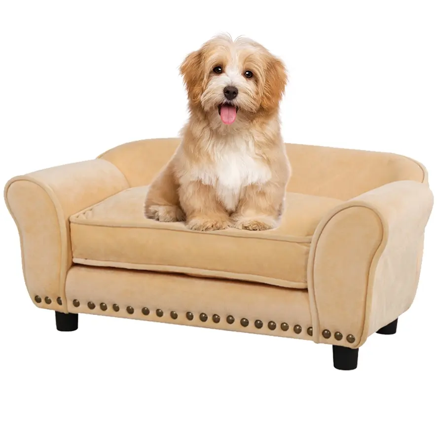 Diseño de clavos de cobre de seguridad, cama de madera para perros de estilo moderno, muebles para mascotas para sala de estar, dormitorio con Perrera de terciopelo