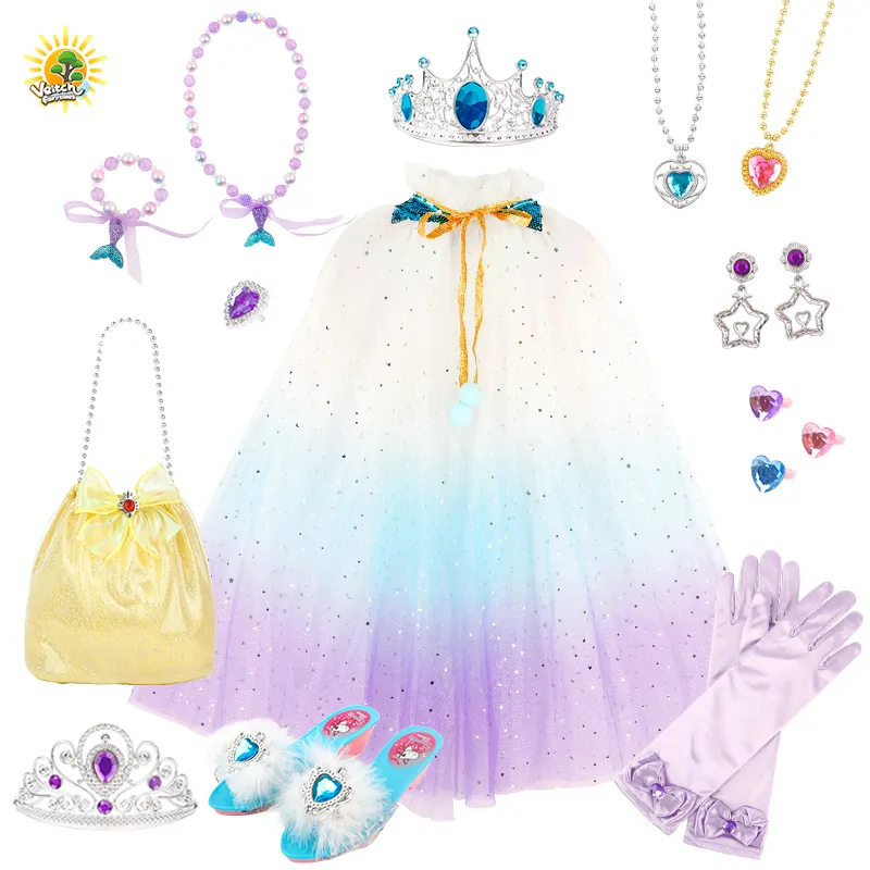 Dress Up Costume collana Tiara Crown Magic Stick orecchino anello tacchi alti scarpe giocattolo borse ragazze principessa Cape Set