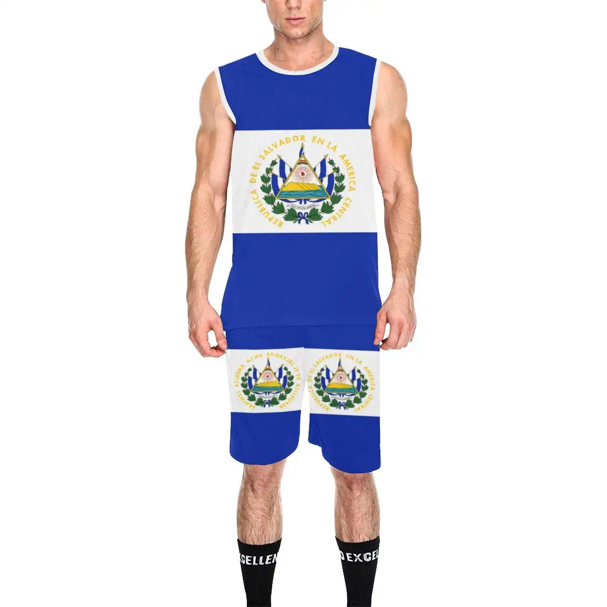 El Salvador Vlag Print Heren Basketbalshirt Sets Blanco Uniformen Team Ademende Trainingspakken Trainingsvest Korte Broek Sportpak