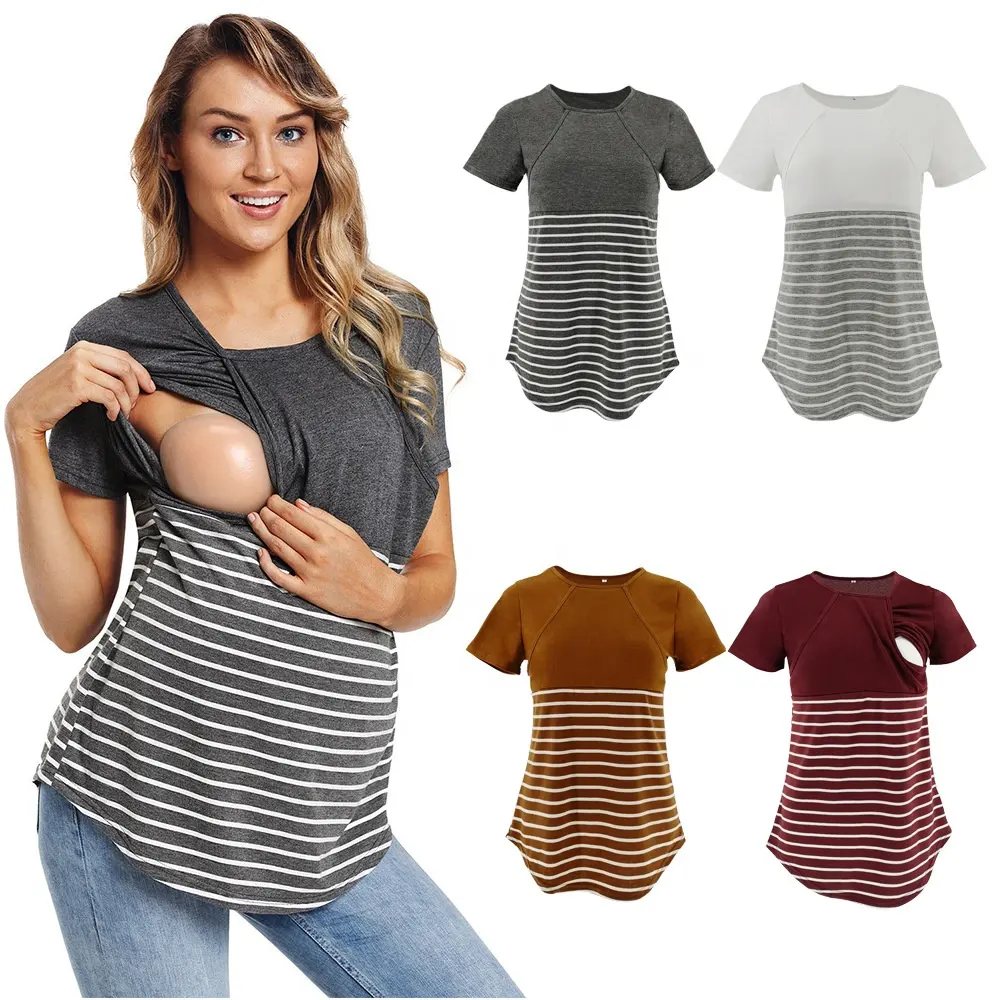 Moda europea y americana de cuello redondo de manga corta Camiseta de lactancia de costura vestido de maternidad