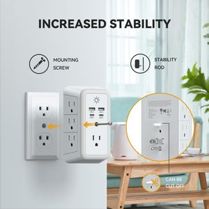 Dalgalanma koruyucusu çıkış genişletici, 7 elektrik çıkışları ile çok fiş çıkış Splitter 4 USB portları 3 taraflı duvar fiş adaptörü - Product Image 5