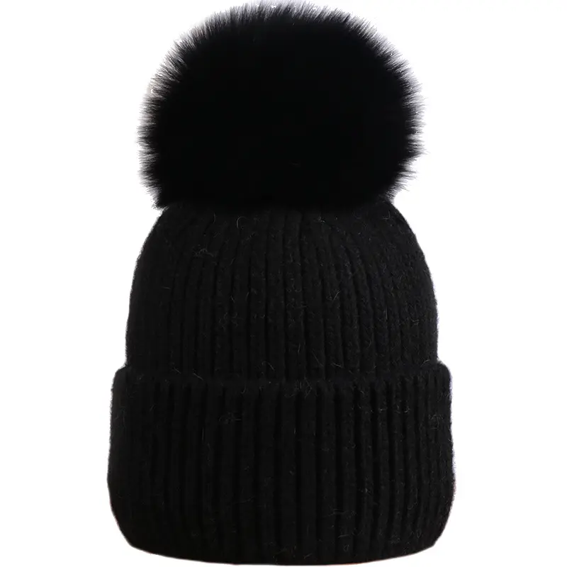 2023 popular hot sale Beautiful soft knitted women winter hat with fur ball custom women fur ball beanie hat