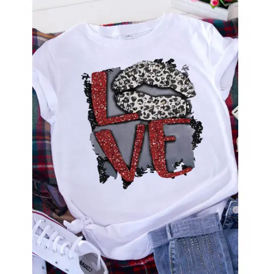 Camiseta blanca con estampado del Día de San Valentín para mujer, camiseta blanca básica, camiseta Harajuku con gráfico barato, venta al por mayor