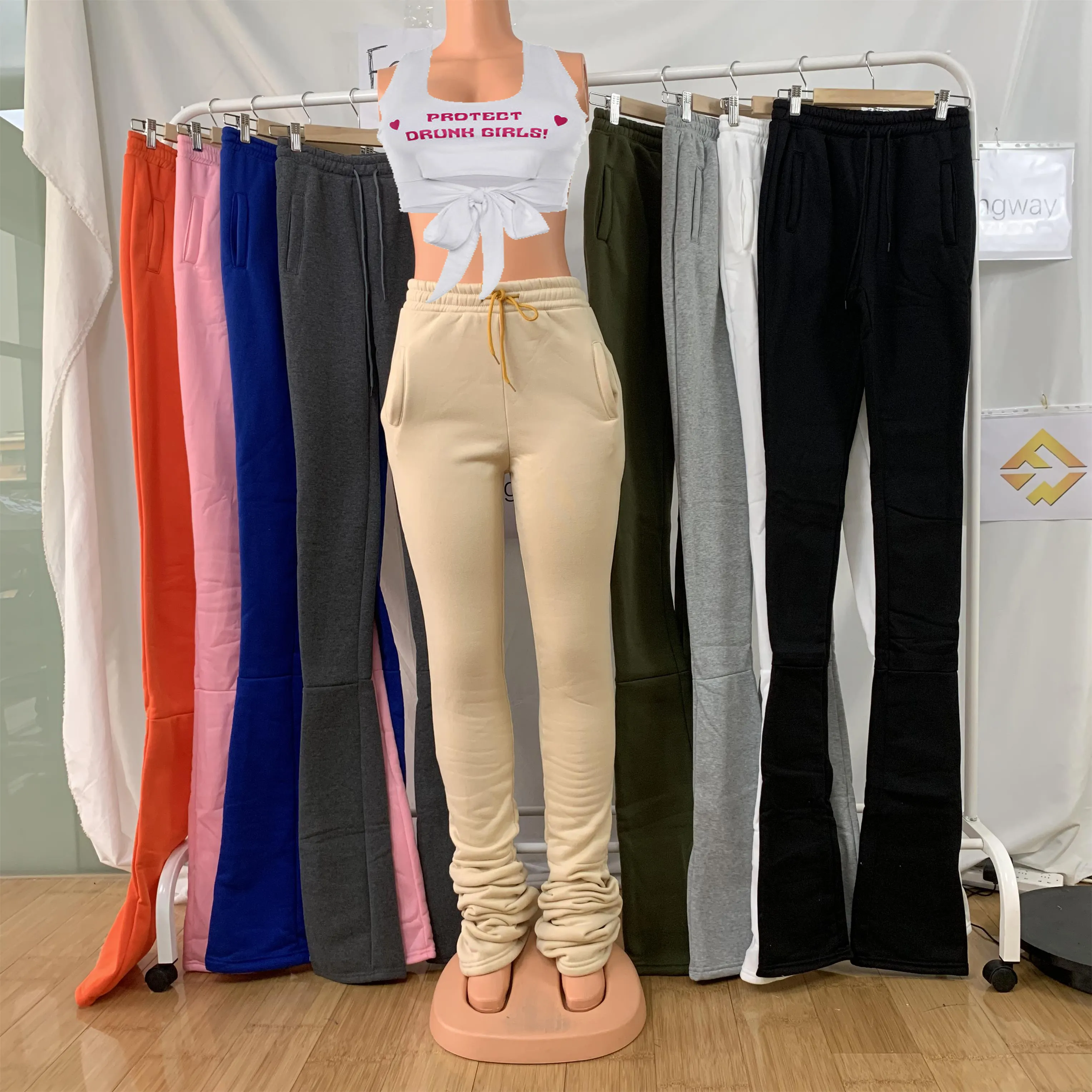 new arrival S-2xl Winter Fashion Women Mid Thick Waist Drawstring Pleated Flare Pants Sweat Stacked Leggings For Women