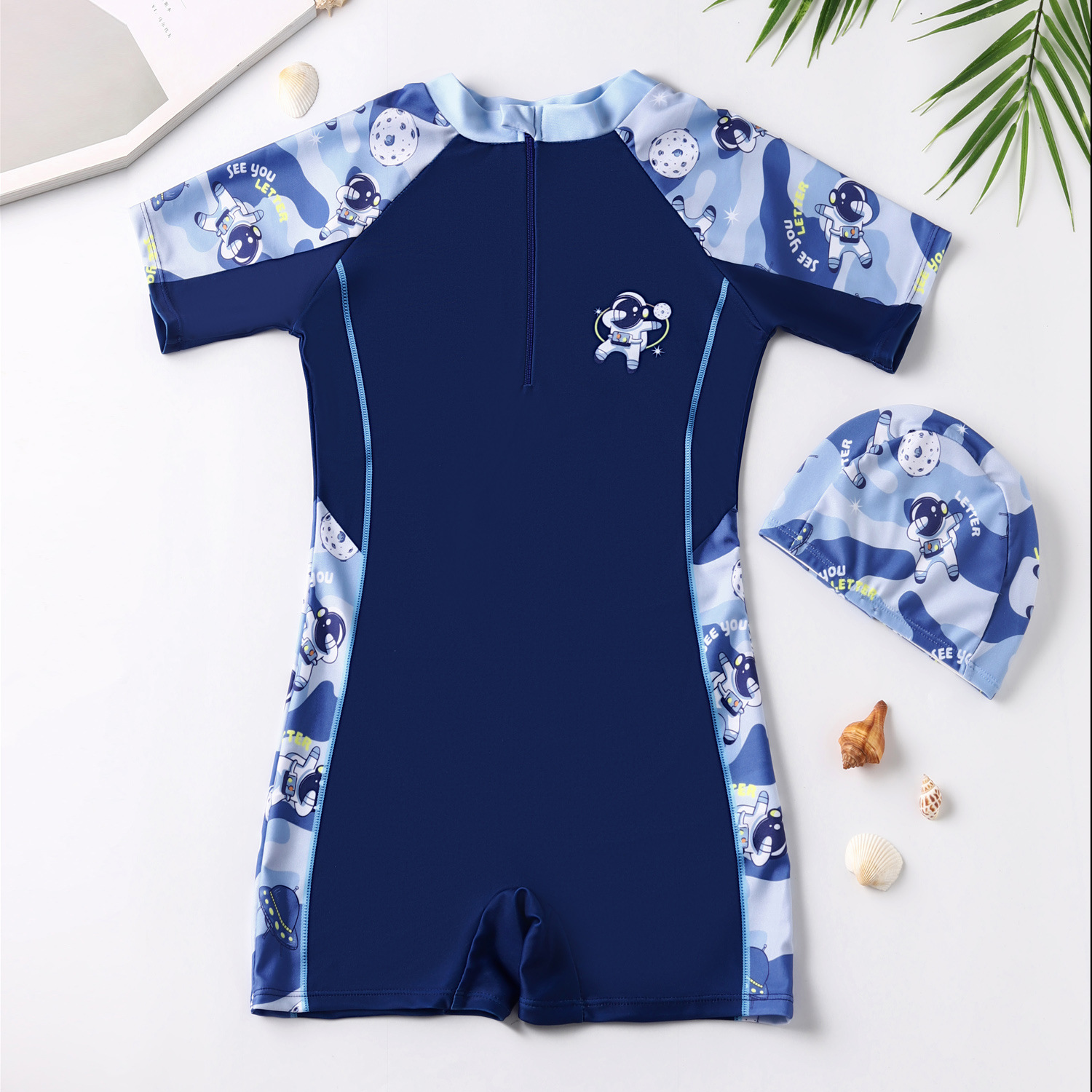 Combinaison de bain astronaute bleu marine (maillot de bain + bonnet de bain)