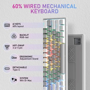 奥拉F3261 RGB 60% 有线迷你紧凑型通用串行总线机械游戏键盘61键笔记本电脑热插拔功能台式机新功能 - Product Image 2