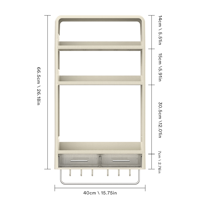 3 couches avec des tiroirs, des crochets, et des barres de serviette