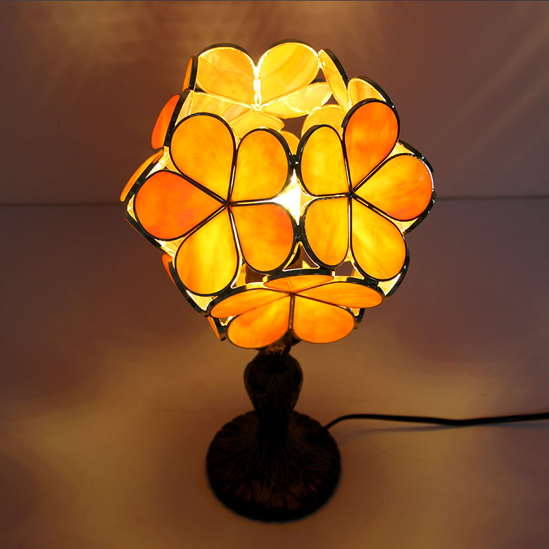 LongHuiJing Tiffany Stained Glass Bedside Lamp Antique Pink Petals Copper Style Table Lamps Metal Base Reading Desk Light
