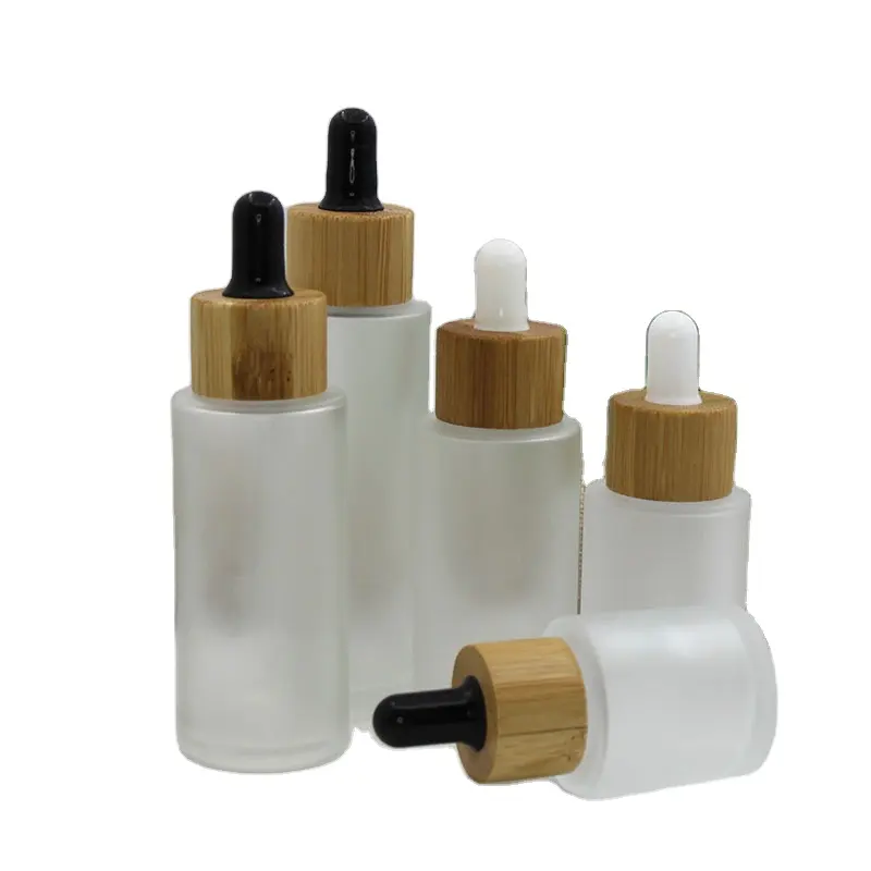 clear frosted 20ml 40ml 60ml glass serum bottles frosted 30ml flat shoulder dropper bottle bamboo collar cap