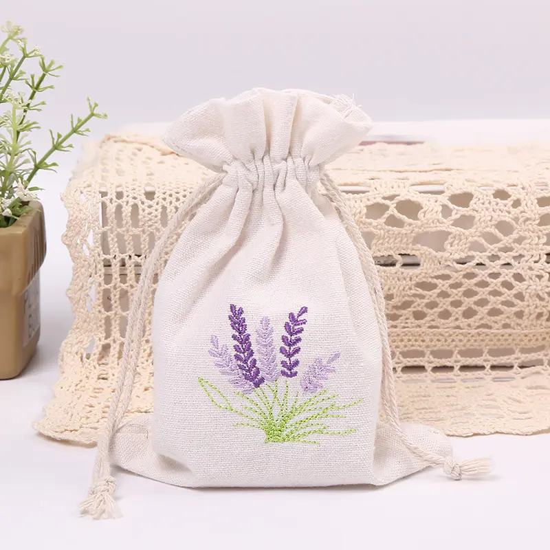 10*14cm tas hadiah Linen katun putih tas bordir tali serut Lavender ungu tas Lavender