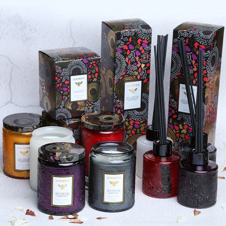 Di lusso Aroma In Rilievo Addolorato Candele In Vetro e Reed Diffusore Set con il Regalo Scatole di Candela e Diffusore Set