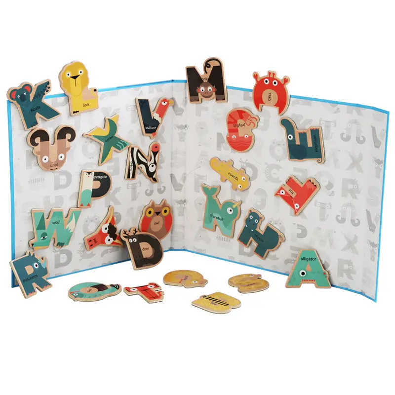 Imán de nevera con letras mayúsculas de animales para niños, juguete magnético portátil de madera para aprendizaje, libro en inglés