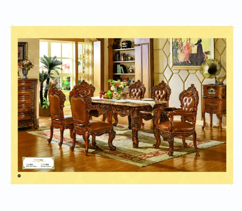 अमेरिका लक्जरी लकड़ी के भोजन कक्ष टेबल फर्नीचर सेट क्लासिक शाही परिवार के साथ प्राचीन गोल्ड हाथ नक्काशीदार खाने की मेज कुर्सियों