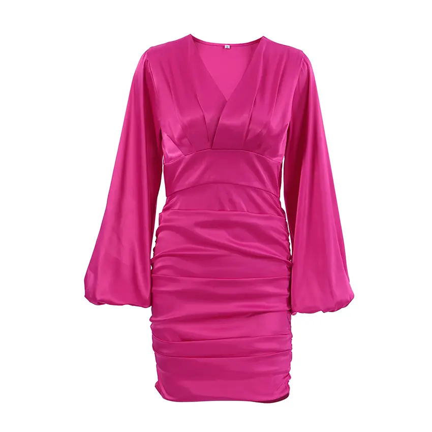 2023 여름 드레스 연인 넥 프릴 트림 드레스 퍼프 긴 소매 새틴 섹시한 핑크 드레스 여성 발렌타인 데이 선물에 대한 우아한
