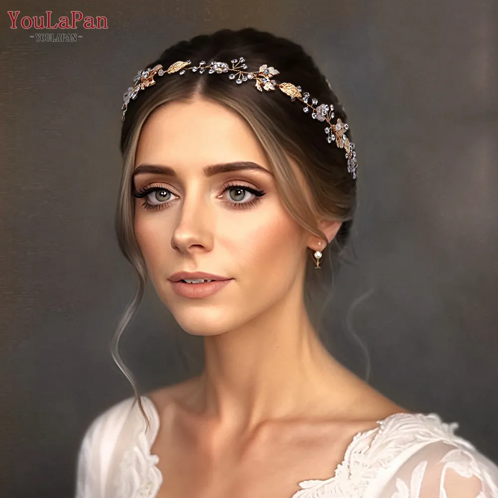 YouLaPan-Diadema de banquete de hojas doradas HP122 para mujer, tocado diario, pelo, vid, diadema de cristal para boda, joyería para el cabello nupcial