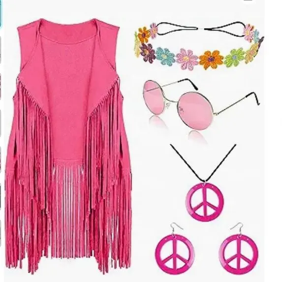 Ecoparty Outono 60s 70s Roupas para mulheres Conjunto de fantasia de hippies Brinco de Sinal de Paz Brinco de Cabeça Colar Óculos de Sol Conjunto de cinco peças