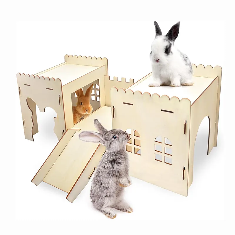 बड़े खरगोश घर खरगोश महल लकड़ी के बनी पनाहगाह प्ले हाउस सीढ़ियों के साथ हैम्स्टर्स के लिए विशाल सांस लेने योग्य आवास