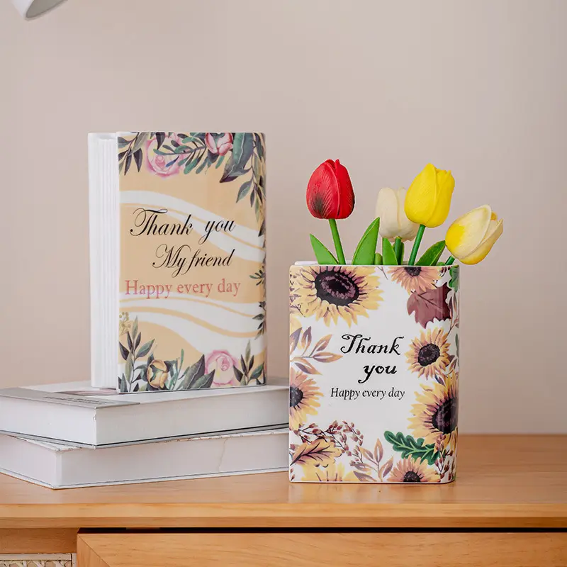 Adornos para el hogar personalizados, escritorio, 3 tamaños, forma de libro, florero de cerámica de porcelana para escritorio