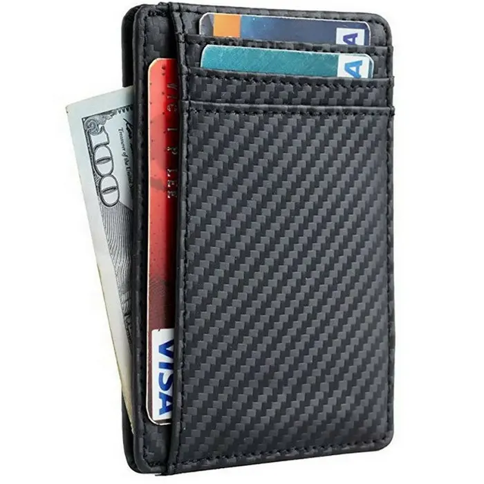 Boshiho carteira masculina de couro, carteira compacta masculina feita em fibra de carbono com sistema rfid, com prendedor para dinheiro, minimalista