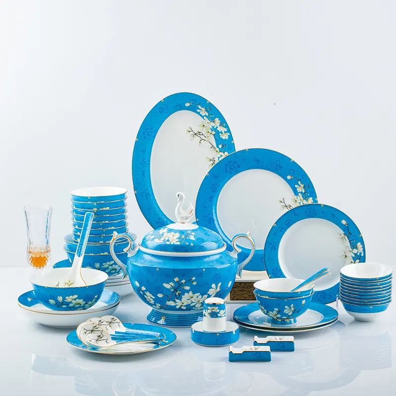 Neue einzigartige elegante Emaille Farbe teure Keramik Geschirr Knochen China Gold Rand Platte Schüssel Geschirr blau Geschirr Sets