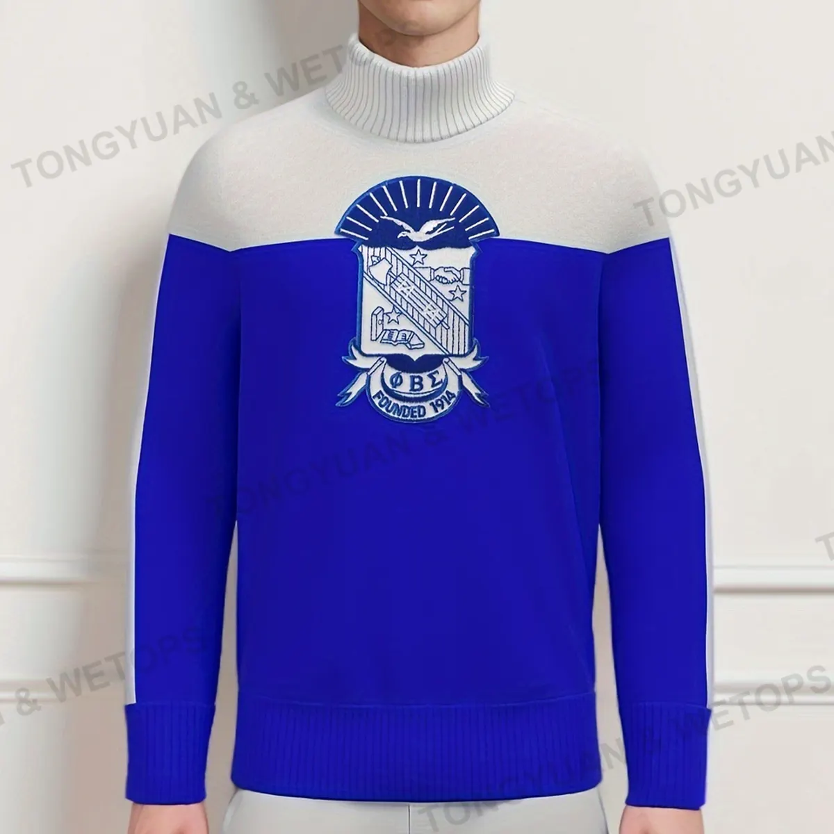 BSCI Personaliza la ropa con tu logotipo Phi Beta Sigma Fraternidad azul real de punto cuello alto suéter de invierno suéteres en relieve