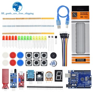 Kit di avviamento per Breadboard Arduino Uno R3 kit di apprendimento semplice di base, rilevamento del livello del suono/acqua/umidità/distanza, controllo LED