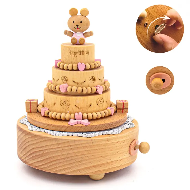 Caja de música de madera para pastel de feliz cumpleaños