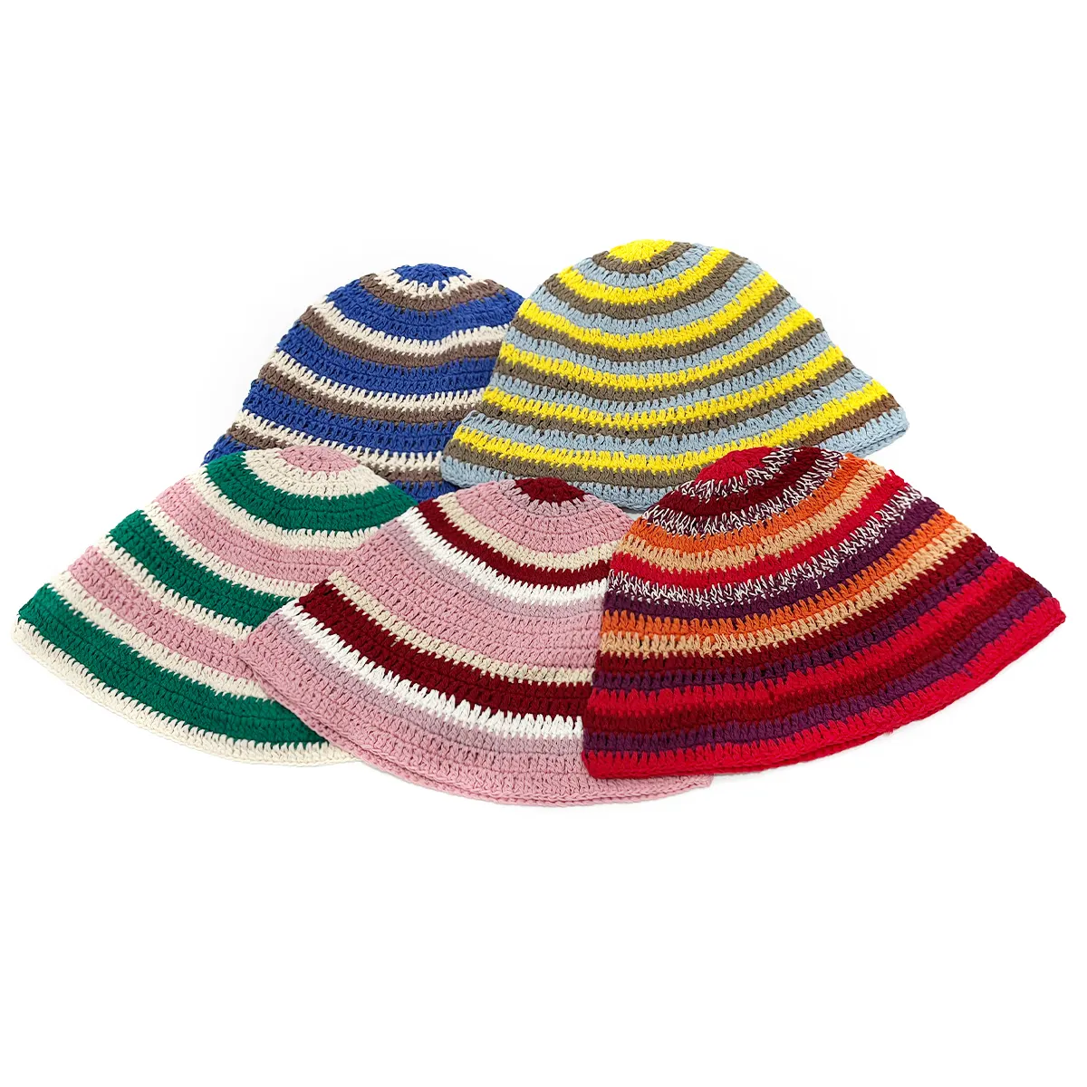 Créateur de mode coloré rayé crochet à la main bonnet tricoté à la main Crochet coton laine seau chapeau personnalisé