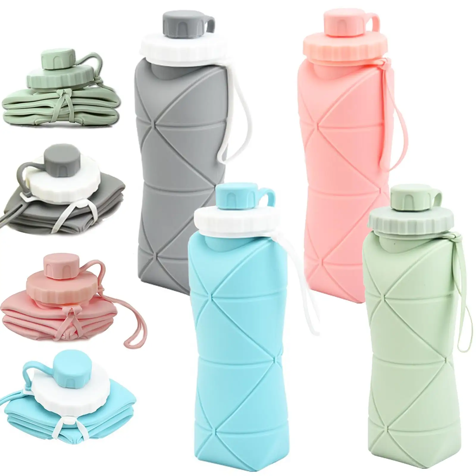 Kamp yürüyüş için 600ml uygun katlanır BPA ücretsiz seyahat şartları yeniden kullanılabilir su şişesi silikon su şişesi
