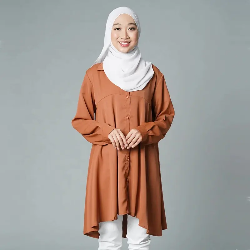 Muslimah 캐주얼 여성 버튼 탑 셔츠 도매 긴 소매 느슨한 o 넥 겸손한 이슬람 블라우스