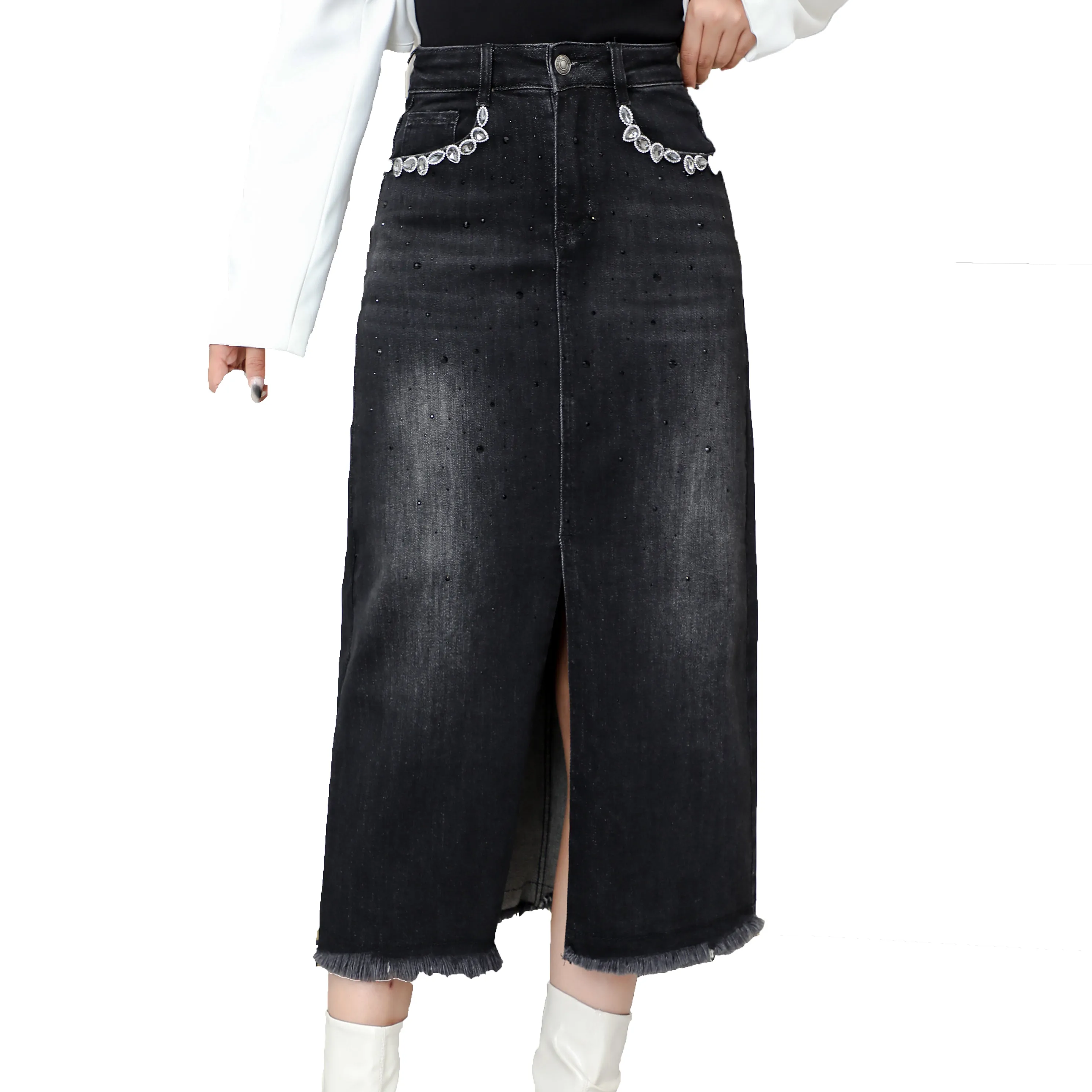 Jupe crayon en jean à taille haute avec bouton au genou Jupes en jean bleu pour la vente en gros de qualité avant fendue à la mode