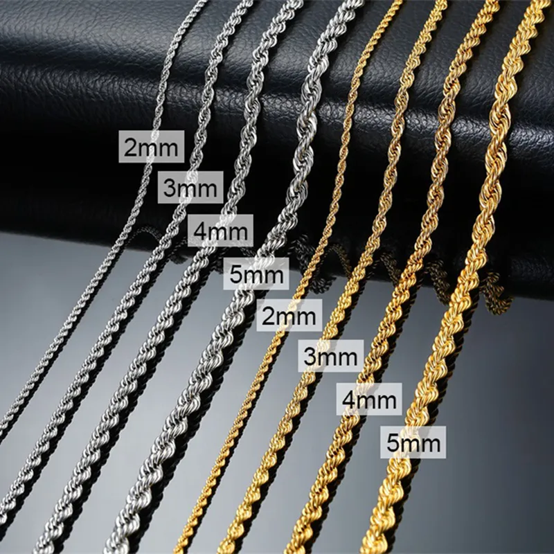 Wholesale 2mm 3mm 4mm 5mm Stainless Steel IP Plated Gold Vermeil Thin Rope Twisted Rope Chain Necklace For Man Women