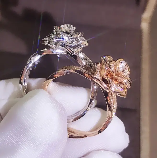 Cincin Pasangan Emas Perak, Cincin Bunga Mawar Kristal Mode