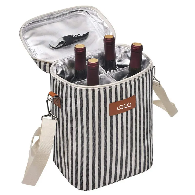 Подгонянная тканевая кожаная сумка-кулер для бутылок вина уличная 4 бутылки для пикника пляжная Подарочная сумка-холодильник с плечевым ремнем