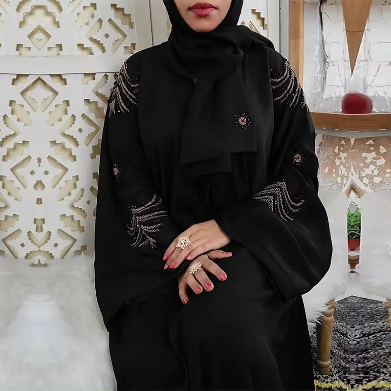 Dubai abaya indah warna hitam muslim tradisional abaya tangan bekerja kaftan pakaian Islami tradisional untuk wanita