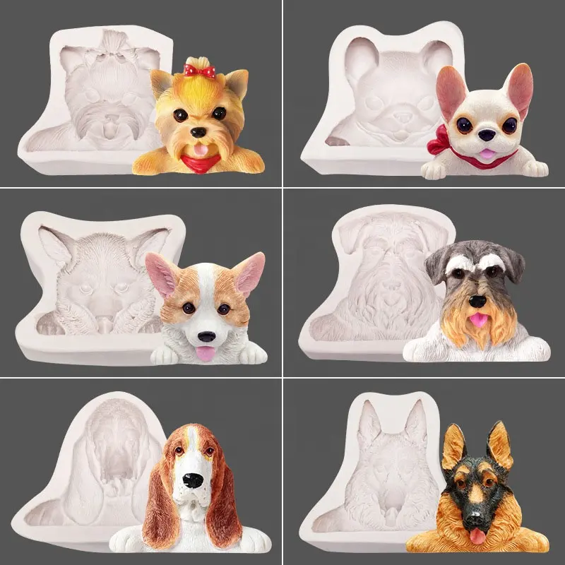 Moule à pâtisserie en résine Silicone 3D, mignon, chiot, chien bouledogue, snauzer, décoration gâteau, sucre, bonbon, gelée de chocolat, métal, D5021