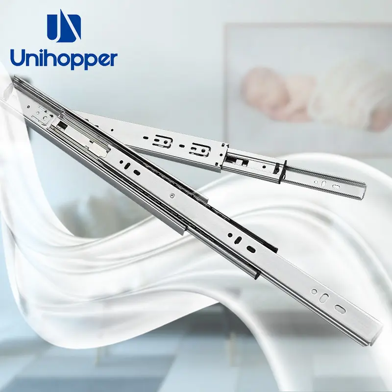 Unihopper ขายส่งเฟอร์นิเจอร์ฮาร์ดแวร์ตู้อุปกรณ์เสริม 3-fold ลิ้นชักรางแบริ่งบอลยืดไสลด์ลิ้นชักสไลด์