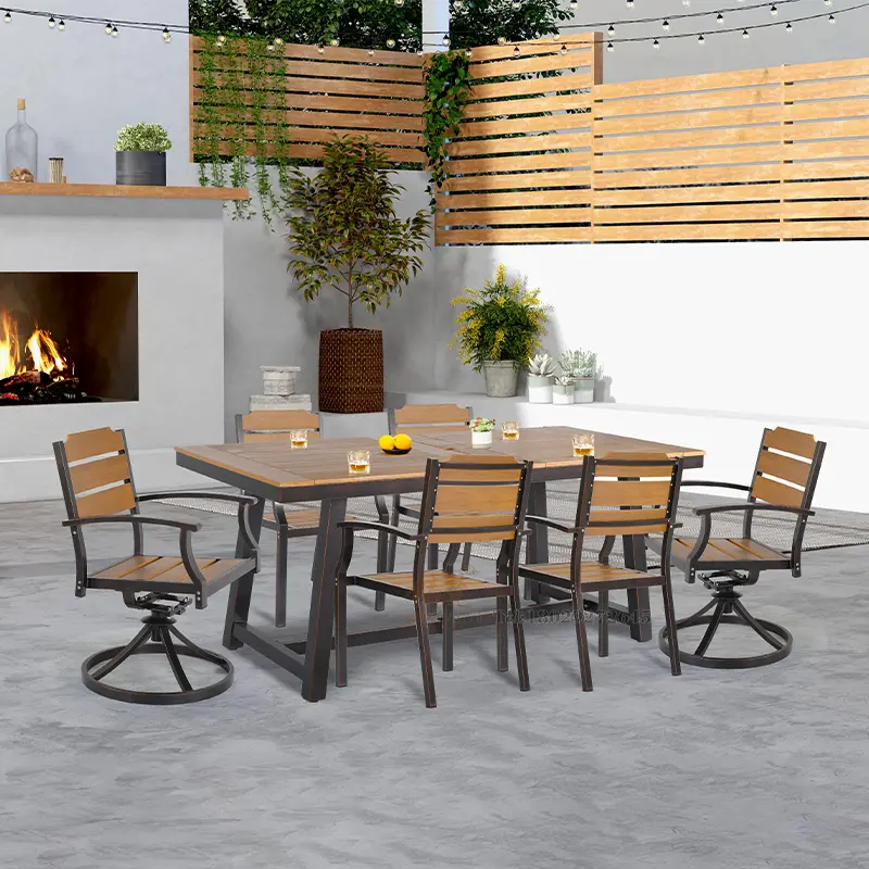 Conjunto de mesa de jantar e cadeira de madeira plástica para jardim e restaurante, cadeira ajustável adequada para jantar, conjunto de madeira plástica