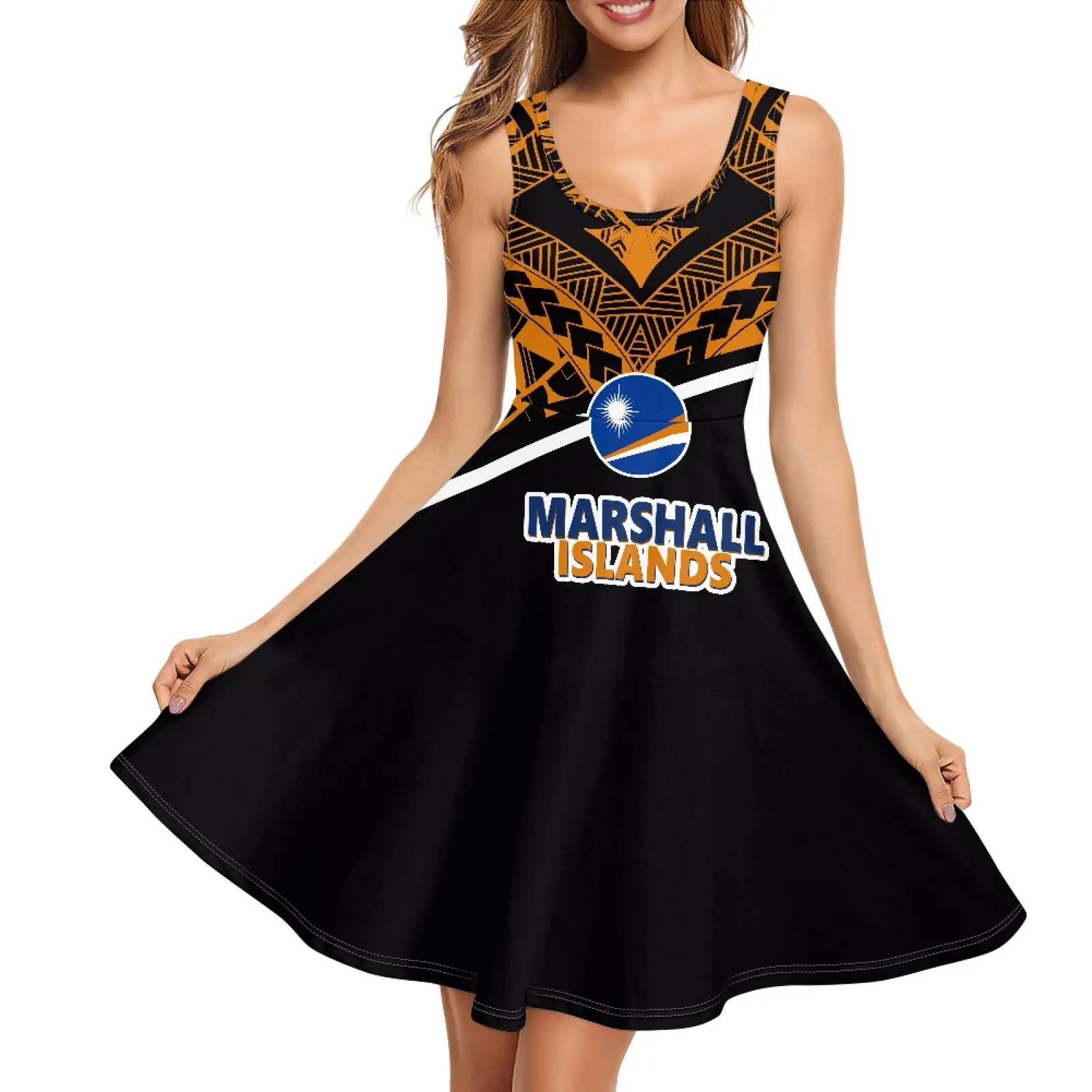 Imagen personalizada/Logo Marshall Island mujer Casual verano vestido algodón sin mangas cintura una línea camiseta sin mangas vestidos de sol con bolsillos
