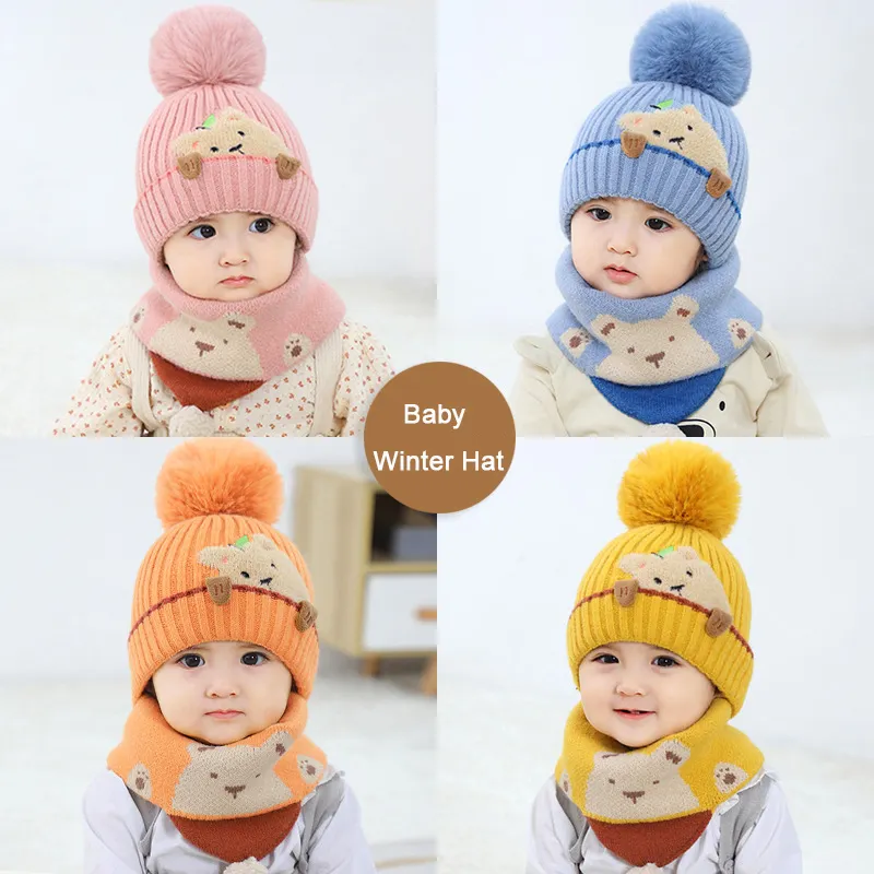 Bambini Cartoon Bear cappelli e sciarpa lavorati a maglia cappello invernale per bambini Set ragazza ragazzo berretto bambino paraorecchie invernali cappello sciarpa vestito caldo